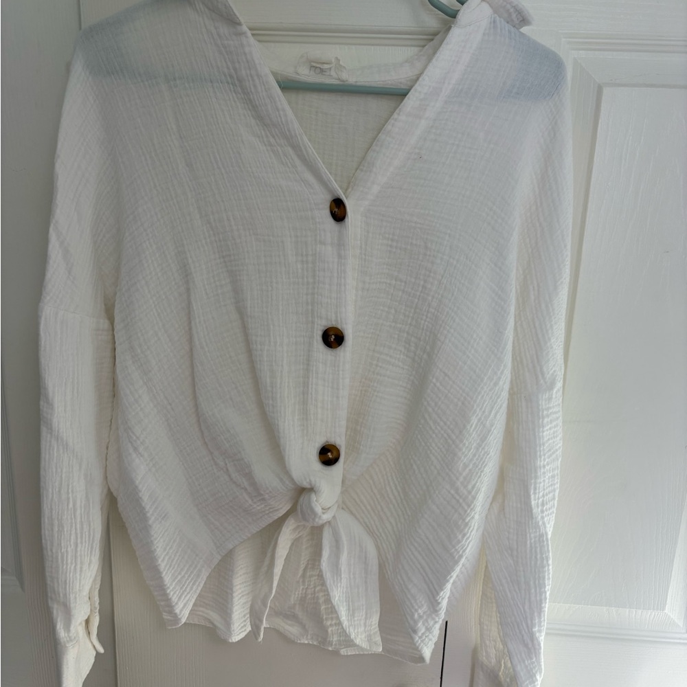 LOFT white ribbed button down tie blouse